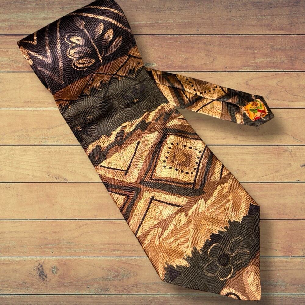 Bruno Piatelli Pure Silk Tie Vintage 90s Italy Abstract Geometric Brown Gold